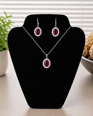 Ruby Red Oval Crystal Necklace & Earrings Set Silver Tone Halo Jewelry